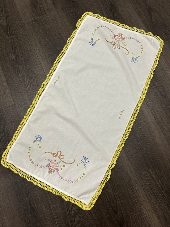 Other - Handmade Embroidered Floral Table Runner with Yellow Crochet Edge
